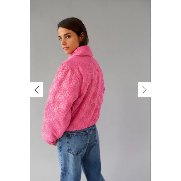 Urban Outfitters‎ UO Femme Embossed Jacket Sz Medium Pink Puffer Full Zip Peace - Picture 2 of 16
